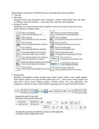 Bagian-bagian antarmuka CorelDRAW (nomor menunjuk pada ilustrasi gambar):
1. Title Bar
2. Menu Bar
Kumpulan menu yang digunakan untuk mengakses seluruh fungsi-fungsi yang ada pada
CorelDraw, termasuk membuka – menyimpan file, efek-efek, dan sebagainya.
3. Standard Toolbar
Kumpulan icon yang berfungsi untuk mengakses menu-menu umum yang paling sering
dipakai. Berikut isi standard toolbar:
4. Property Bar
Berfungsi menampilkan pilihan properti dari sebuah fungsi toolbox yang tengah dipakai.
Pada kondisi default (tool yang terpilih adalah pick tool – panah putih, maka property bar
akan berisi ukuran kertas bidang gambar, orientasi kertas, unit yang digunakan, dan
sebagainya. Property bar akan selalu berubah tergantung dari tool yang kita pilih di toolbox.
 