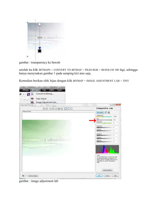 gambar : transparency ke bawah
setelah itu klik BITMAPS > CONVERT TO BITMAP > PILIH RGB > RESOLUSI 300 lagi, sehingga
hanya menyisakan gambar 1 pada samping kiri atas saja,
Kemudian berikan efek hijau dengan klik BITMAP > IMAGE ADJUSTMENT LAB > TINT
gambar : image adjustment lab
 