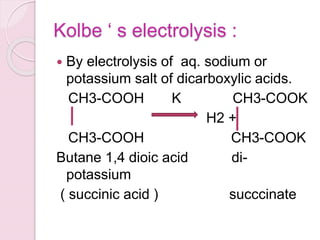 KOLBE’S ELECTROLYSIS
CH2-COOK
+ 2 H2O 2CO2 +
H2
CH2-COOK + CH2=CH2
+ 2KOH
 