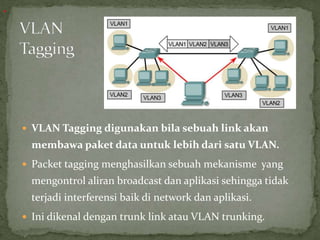  VLAN Tagging digunakan bila sebuah link akan
membawa paket data untuk lebih dari satu VLAN.
 Packet tagging menghasilkan sebuah mekanisme yang
mengontrol aliran broadcast dan aplikasi sehingga tidak
terjadi interferensi baik di network dan aplikasi.
 Ini dikenal dengan trunk link atau VLAN trunking.
.
 