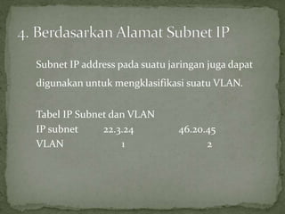 Subnet IP address pada suatu jaringan juga dapat
digunakan untuk mengklasifikasi suatu VLAN.
Tabel IP Subnet dan VLAN
IP subnet 22.3.24 46.20.45
VLAN 1 2
 