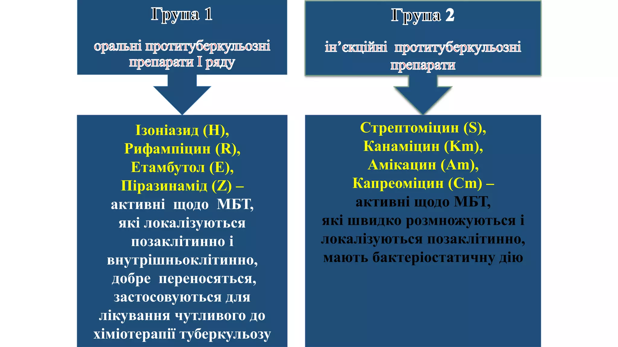 Ізоніазид (H),
Рифампіцин (R),
Етамбутол (E),
Піразинамід (Z) –
активні щодо МБТ,
які локалізуються
позаклітинно і
внутрішньоклітинно,
добре переносяться,
застосовуються для
лікування чутливого до
хіміотерапії туберкульозу
Стрептоміцин (S),
Канаміцин (Km),
Амікацин (Am),
Капреоміцин (Cm) –
активні щодо МБТ,
які швидко розмножуються і
локалізуються позаклітинно,
мають бактеріостатичну дію
 