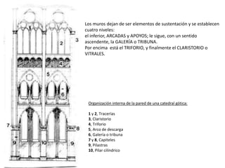 Los muros dejan de ser elementos de sustentación y se establecen
cuatro niveles:
el inferior, ARCADAS y APOYOS; le sigue, con un sentido
ascendente, la GALERÍA o TRIBUNA.
Por encima está el TRIFORIO, y finalmente el CLARISTORIO o
VITRALES.
Organización interna de la pared de una catedral gótica:
1 y 2, Tracerías
3, Claristorio
4, Triforio
5, Arco de descarga
6, Galería o tribuna
7 y 8, Capiteles
9, Pilastras
10, Pilar cilíndrico
 