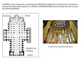 EL ÁBSIDE se hace más grande y complicado con ABSIDIOLOS poligonales o semicirculares. Se trata de la
cabecera del edificio donde aparece una GIROLA o DEAMBULATORIO (nave por detrás del altar), a la que
dan CAPILLAS RADIALES
Presbiterio de la catedral de Barcelona
 