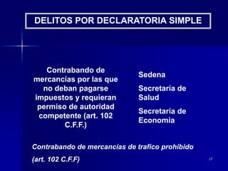 17
DELITOS POR DECLARATORIA SIMPLE
Contrabando de
mercancías por las que
no deban pagarse
impuestos y requieran
permiso de autoridad
competente (art. 102
C.F.F.)
Sedena
Secretaría de
Salud
Secretaría de
Economía
Contrabando de mercancías de trafico prohibido
(art. 102 C.F.F)
 