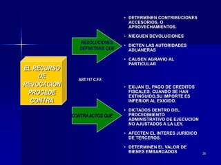 26
EL RECURSO
DE
REVOCACION
PROCEDE
CONTRA
RESOLUCIONES
DEFINITIVAS QUE
• DETERMINEN CONTRIBUCIONES
ACCESORIOS, O
APROVECHAMIENTOS.
• NIEGUEN DEVOLUCIONES
• DICTEN LAS AUTORIDADES
ADUANERAS
• CAUSEN AGRAVIO AL
PARTICULAR
• EXIJAN EL PAGO DE CREDITOS
FISCALES, CUANDO SE HAN
EXTINGUIDO,SU IMPORTE ES
INFERIOR AL EXIGIDO.
• DICTADOS DENTRO DEL
PROCEDIMIENTO
ADMINISTRATIVO DE EJECUCION
NO AJUSTADOS A LA LEY.
• AFECTEN EL INTERES JURIDICO
DE TERCEROS.
• DETERMINEN EL VALOR DE
BIENES EMBARGADOS
CONTRAACTOS QUE
ART.117 C.F.F.
 