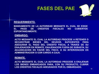 45
FASES DEL PAE
REQUERIMIENTO.
MANDAMIENTO DE LA AUTORIDAD MEDIANTE EL CUAL SE EXIGE
EL PAGO DE CREDITOS FISCALES NO CUBIERTOS
ESPONTANEAMENTE.
EMBARGO.
ACTO MEDIANTE EL CUAL LA AUTORIDAD PROCEDE A RETENER O
SECUESTRAR BIENES DEL DEUDOR, SUFICIENTES PARA
ASEGURAR EL PAGO DEL CREDITO FISCAL A TRAVES DE SU
ENAJENACION EN REMATE, ENAJENACION FUERA DE SUBASTA, SU
ADJUDICACION EN FAVOR DEL FISCO, O SU INTERVENCION EN
ADMIINISTRACION O CON CARGO A CAJA.
REMATE.
ACTO MEDIANTE EL CUAL LA AUTORIDAD PROCEDE A ENAJENAR
LOS BIENES EMBARGADOS PARA, CON SU PRODUCTO, CUBRIR
LOS CREDITOS FISCALES ADEUDADOS POR EL EMBARGADO.
 
