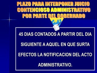 63
45 DIAS CONTADOS A PARTIR DEL DIA
SIGUIENTE A AQUEL EN QUE SURTA
EFECTOS LA NOTIFICACION DEL ACTO
ADMINISTRATIVO.
 