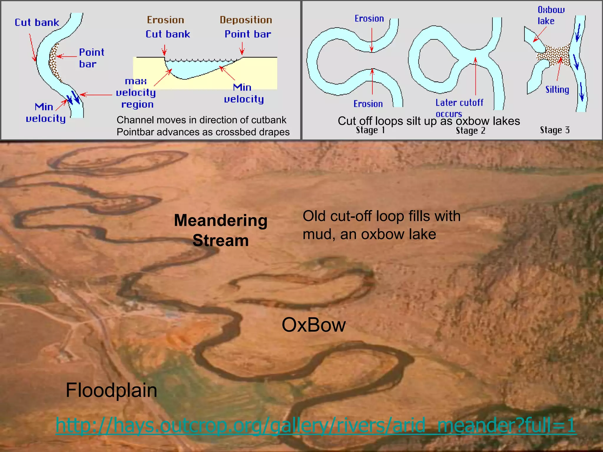 Floodplain
Meandering
Stream
OxBow
http://hays.outcrop.org/gallery/rivers/arid_meander?full=1
Channel moves in direction of cutbank
Pointbar advances as crossbed drapes
Cut off loops silt up as oxbow lakes
Old cut-off loop fills with
mud, an oxbow lake
 