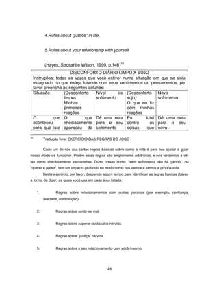 48
4.Rules about “justice” in life.
5.Rules about your relationship with yourself
(Hayes, Strosahl e Wilson, 1999, p.146)10
DISCONFORTO DIÁRIO LIMPO X SUJO
Instruções: todas as vezes que você estiver numa situação em que se sinta
estagnado ou que esteja lutando com seus sentimentos ou pensamentos, por
favor preencha as seguintes colunas:
Situação (Desconforto
limpo)
Minhas
primeiras
reações
Nível de
sofrimento
(Desconforto
sujo)
O que eu fiz
com minhas
reações
Novo
sofrimento
O que
aconteceu
para que isto
O que
imediatamente
apareceu de
Dê uma nota
para o seu
sofrimento
Eu lutei
contra as
coisas que
Dê uma nota
para o seu
novo
10
Tradução livre: EXERCÍCIO DAS REGRAS DO JOGO
Cada um de nós usa certas regras básicas sobre como a vida é para nos ajudar a guiar
nosso modo de funcionar. Porém estas regras são amplamente arbitrárias, e nós tendemos a vê-
las como absolutamente verdadeiras. Dizer coisas como, “sem sofrimento não há ganho”, ou
“querer é poder”, tem um impacto profundo no modo como nos vemos e vemos a própria vida.
Neste exercício, por favor, despenda algum tempo para identificar as regras básicas (talvez
a forma de dizer) as quais você usa em cada área listada:
1. Regras sobre relacionamentos com outras pessoas (por exemplo, confiança,
lealdade, competição).
2. Regras sobre sentir-se mal.
3. Regras sobre superar obstáculos na vida.
4. Regras sobre “justiça” na vida.
5. Regras sobre o seu relacionamento com você mesmo.
 