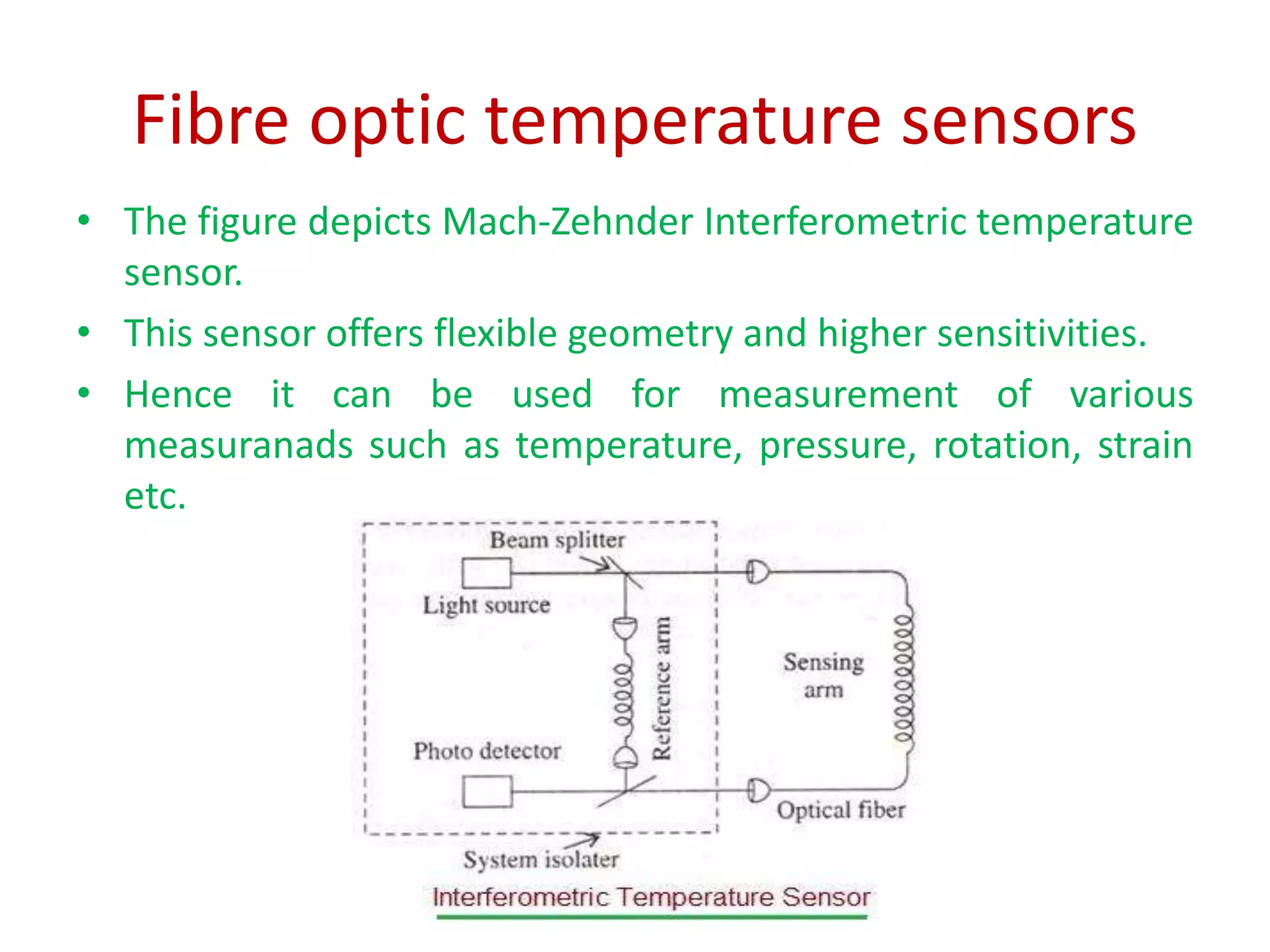 Fibre optic temperature sensors
• The figure depicts Mach-Zehnder Interferometric temperature
sensor.
• This sensor offers flexible geometry and higher sensitivities.
• Hence it can be used for measurement of various
measuranads such as temperature, pressure, rotation, strain
etc.
 