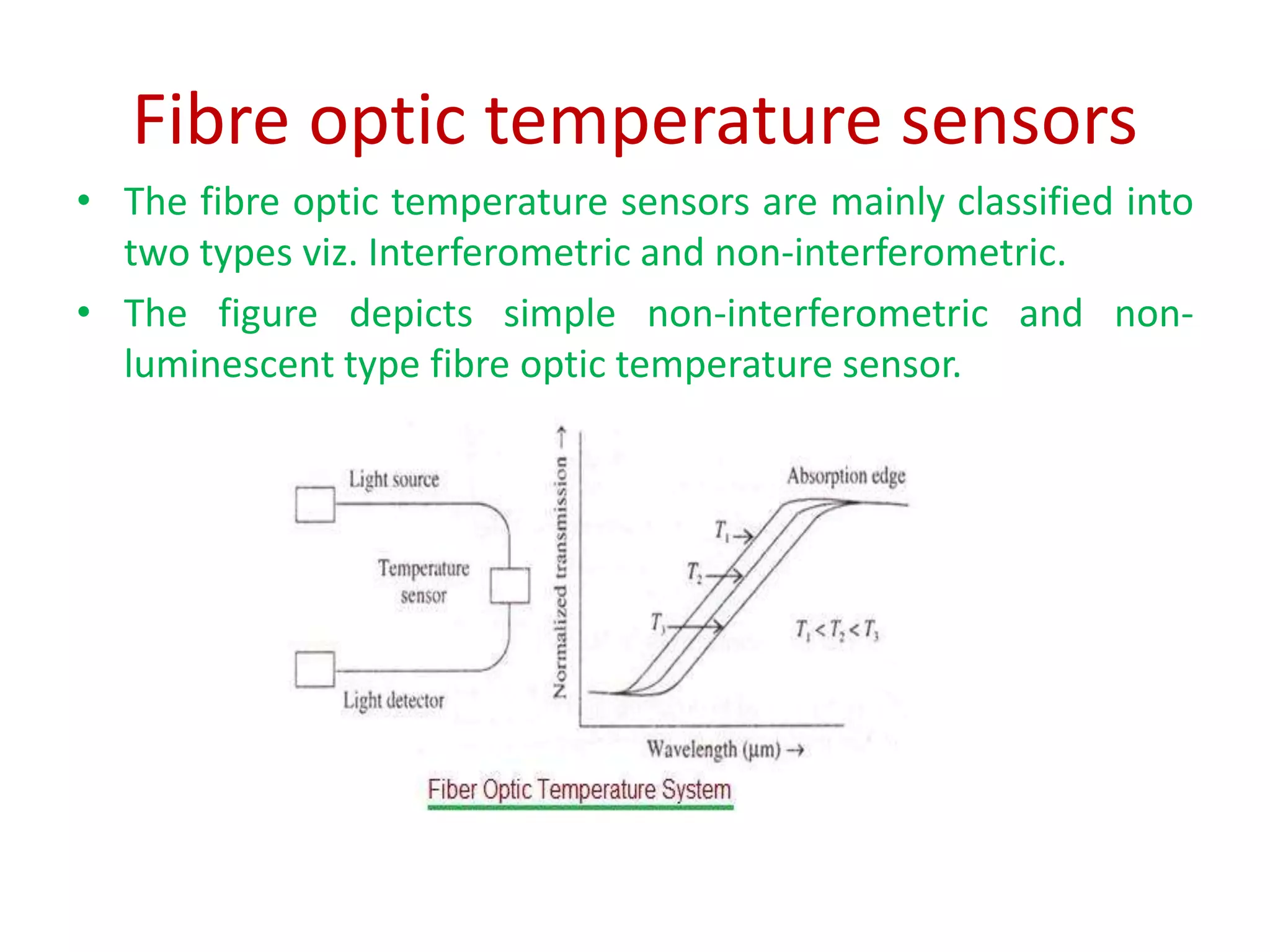 Fibre optic temperature sensors
• The fibre optic temperature sensors are mainly classified into
two types viz. Interferometric and non-interferometric.
• The figure depicts simple non-interferometric and non-
luminescent type fibre optic temperature sensor.
 