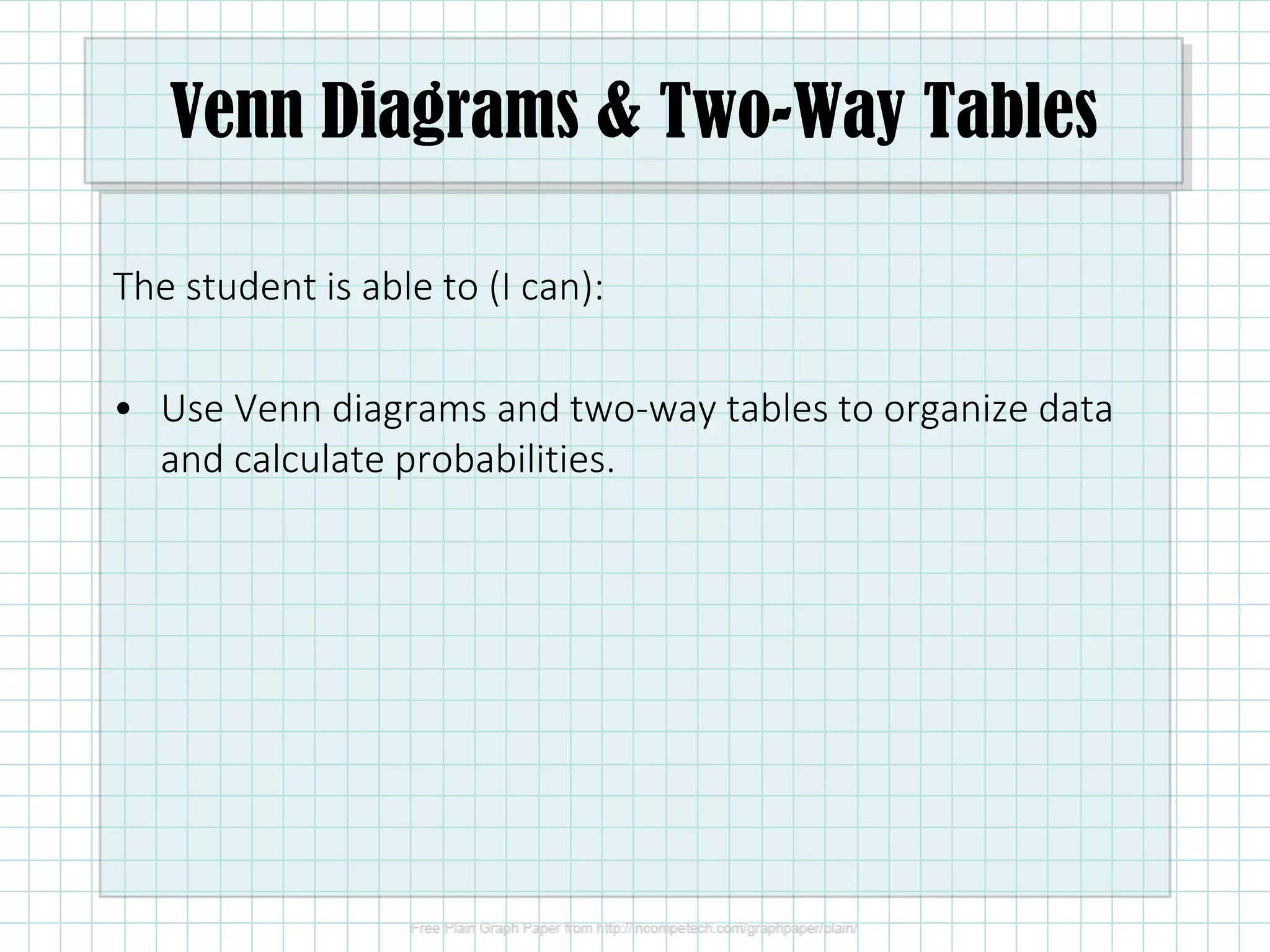 Venn Diagrams & Two-Way Tables
The student is able to (I can):
• Use Venn diagrams and two-way tables to organize data
and calculate probabilities.
 