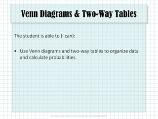 Venn Diagrams & Two-Way Tables
The student is able to (I can):
• Use Venn diagrams and two-way tables to organize data
and calculate probabilities.
 