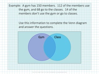 Example: A gym has 150 members. 112 of the members use
the gym, and 68 go to the classes. 14 of the
members don’t use the gym or go to classes.
Use this information to complete the Venn diagram
and answer the questions.
Gym Class
 