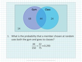 1. What is the probability that a member chosen at random
uses both the gym and goes to classes?
Gym Class
14
68 44 24
44 22
0.293
150 75
= 
 