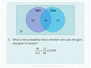 3. What is the probability that a member who uses the gym
also goes to classes?
Gym Class
14
68 44 24
44 11
0.393
112 28
= 
 