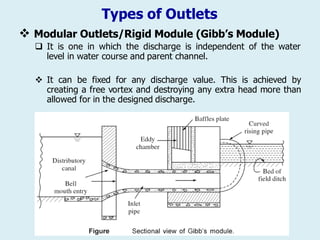 Types of Outlets
❖ Modular Outlets/Rigid Module (Gibb’s Module)
 It is one in which the discharge is independent of the water
level in water course and parent channel.
❖ It can be fixed for any discharge value. This is achieved by
creating a free vortex and destroying any extra head more than
allowed for in the designed discharge.
 