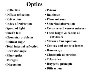 Optics
• Reflection
• Diffuse reflection
• Refraction
• Index of refraction
• Speed of light
• Snell’s law
• Geometry problems
• Critical angle
• Total internal reflection
• Brewster angle
• Fiber optics
• Mirages
• Dispersion
• Prisms
• Rainbows
• Plane mirrors
• Spherical aberration
• Concave and convex mirrors
• Focal length & radius of
curvature
• Mirror / lens equation
• Convex and concave lenses
• Human eye
• Chromatic aberration
• Telescopes
• Huygens’ principle
• Diffraction
 