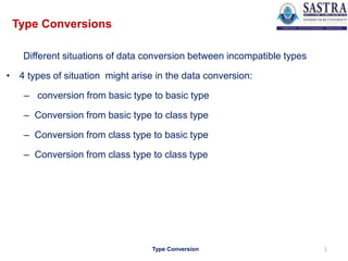 Type Conversions
Different situations of data conversion between incompatible types
• 4 types of situation might arise in the data conversion:
– conversion from basic type to basic type
– Conversion from basic type to class type
– Conversion from class type to basic type
– Conversion from class type to class type
Type Conversion 1
 