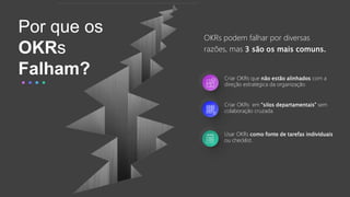 Criar OKRs que não estão alinhados com a
direção estratégica da organização
Criar OKRs em “silos departamentais” sem
colaboração cruzada.
Usar OKRs como fonte de tarefas individuais
ou checklist.
Por que os
OKRs
Falham?
OKRs podem falhar por diversas
razões, mas 3 são os mais comuns.
 