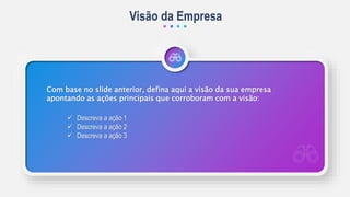 Visão da Empresa
Com base no slide anterior, defina aqui a visão da sua empresa
apontando as ações principais que corroboram com a visão:
 Descreva a ação 1
 Descreva a ação 2
 Descreva a ação 3
 