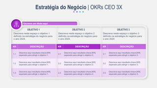 OBJETIVO 1
Descreva neste espaço o objetivo 1
definido na estratégia do negócio para
o ano 2024.
OBJETIVO 2
Descreva neste espaço o objetivo 2
definido na estratégia do negócio para
o ano 2024.
OBJETIVO 3
Descreva neste espaço o objetivo 3
definido na estratégia do negócio para
o ano 2024
KR DESCRIÇÃO
2.1
Descreva aqui resultado-chave [KR]
esperado para atingir o objetivo 2.
2.2
Descreva aqui resultado-chave [KR]
esperado para atingir o objetivo 2.
2.3
Descreva aqui resultado-chave [KR]
esperado para atingir o objetivo 2.
KR DESCRIÇÃO
3.1
Descreva aqui resultado-chave [KR]
esperado para atingir o objetivo 3.
3.2
Descreva aqui resultado-chave [KR]
esperado para atingir o objetivo 3.
3.3
Descreva aqui resultado-chave [KR]
esperado para atingir o objetivo 3.
KR DESCRIÇÃO
1.1
Descreva aqui resultado-chave [KR]
esperado para atingir o objetivo 1.
1.2
Descreva aqui resultado-chave [KR]
esperado para atingir o objetivo 1.
1.3
Descreva aqui resultado-chave [KR]
esperado para atingir o objetivo 1.
Estratégia do Negócio | OKRs CEO 3X
Escreva um título aqui
 