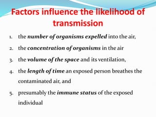 Factors influence the likelihood of
transmission
1. the number of organisms expelled into the air,
2. the concentration of organisms in the air
3. the volume of the space and its ventilation,
4. the length of time an exposed person breathes the
contaminated air, and
5. presumably the immune status of the exposed
individual
 