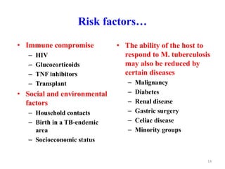Risk factors…
• Immune compromise
– HIV
– Glucocorticoids
– TNF inhibitors
– Transplant
• Social and environmental
factors
– Household contacts
– Birth in a TB-endemic
area
– Socioeconomic status
• The ability of the host to
respond to M. tuberculosis
may also be reduced by
certain diseases
– Malignancy
– Diabetes
– Renal disease
– Gastric surgery
– Celiac disease
– Minority groups
14
 