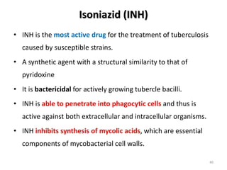 Isoniazid (INH)
• INH is the most active drug for the treatment of tuberculosis
caused by susceptible strains.
• A synthetic agent with a structural similarity to that of
pyridoxine
• It is bactericidal for actively growing tubercle bacilli.
• INH is able to penetrate into phagocytic cells and thus is
active against both extracellular and intracellular organisms.
• INH inhibits synthesis of mycolic acids, which are essential
components of mycobacterial cell walls.
40
 