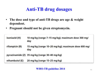 Anti-TB drug dosages
• The dose and type of anti-TB drugs are age & weight
dependent.
• Pregnant should not be given streptomycin.
61
WHO-TB guideline 2014
 