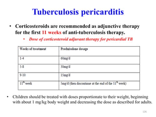 Tuberculosis pericarditis
• Corticosteroids are recommended as adjunctive therapy
for the first 11 weeks of anti-tuberculosis therapy.
• Dose of corticosteroid adjuvant therapy for pericardial TB
126
• Children should be treated with doses proportionate to their weight, beginning
with about 1 mg/kg body weight and decreasing the dose as described for adults.
 