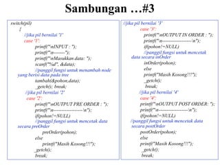 Sambungan …#3
switch(pil)
{
//jika pil bernilai '1'
case '1':
printf("nINPUT : ");
printf("n-------");
printf("nMasukkan data: ");
scanf("%d", &data);
//panggil fungsi untuk menambah node
yang berisi data pada tree
tambah(&pohon,data);
_getch(); break;
//jika pil bernilai '2'
case '2':
printf("nOUTPUT PRE ORDER : ");
printf("n------------------n");
if(pohon!=NULL)
//panggil fungsi untuk mencetak data
secara preOrder
preOrder(pohon);
else
printf("Masih Kosong!!!");
_getch();
break;
//jika pil bernilai '3'
case '3':
printf("nOUTPUT IN ORDER : ");
printf("n------------------n");
if(pohon!=NULL)
//panggil fungsi untuk mencetak
data secara inOrder
inOrder(pohon);
else
printf("Masih Kosong!!!");
_getch();
break;
//jika pil bernilai '4'
case '4':
printf("nOUTPUT POST ORDER: ");
printf("n------------------n");
if(pohon!=NULL)
//panggil fungsi untuk mencetak data
secara postOrder
postOrder(pohon);
else
printf("Masih Kosong!!!");
_getch();
break;
 