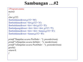 Sambungan …#2
//Program utama
main()
{
char g152;
Tambahdata(&root,g152='M');
Tambahdata(&root->kiri,g152='A');
Tambahdata(&root->kiri->kiri,g152='S');
Tambahpang(&root->kiri->kiri->kiri, g152='T');
Tambahdata(&root->kiri->kiri->kanan,g152='E');
Tambahdata(&root->kanan,g152='R');
printf("Tampilan secara PreOrder : "); preorder(root);
printf("nTampilan secara InOrder : "); inorder(root);
printf("nTampilan secara PostOrder : "); postorder(root);
getch();
return 0;
}
 