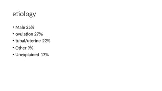 etiology
• Male 25%
• ovulation 27%
• tubal/uterine 22%
• Other 9%
• Unexplained 17%
 