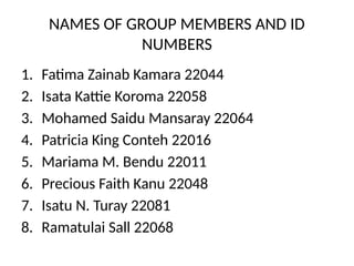 NAMES OF GROUP MEMBERS AND ID
NUMBERS
1. Fatima Zainab Kamara 22044
2. Isata Kattie Koroma 22058
3. Mohamed Saidu Mansaray 22064
4. Patricia King Conteh 22016
5. Mariama M. Bendu 22011
6. Precious Faith Kanu 22048
7. Isatu N. Turay 22081
8. Ramatulai Sall 22068
 