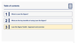 Table of contents
25
1 What is Lean Six Sigma?
2 What are the key benefits of using Lean Six Sigma?
3 Lean Six Sigma Toolkit - Approach and overview
 