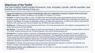 Objectives of the Toolkit
The Lean 6 Sigma Toolkit includes frameworks, tools, templates, tutorials, real-life examples, best
practices and video training to help you:
27
• Adopt and implement a Lean 6 Sigma methodology within your organization using the 5 phases of the world-class
DMAIC approach: (I) Define, (II) Measure, (III) Analyze, (IV) Improve, (V) Control
• (I) Define: (1) Define the problem to solve, (2) Define clear and measurable project goals aligned with the corporate and
business strategy, (3) Define the high-level current process and the scope with the SIPOC tool, (4) Establish the timeline and
budget for the project, (5) Conduct a stakeholder analysis, (6) Define the project team, (7) Define the customer requirements
using the VOC technique and Critical-to-Quality tree, (8) Define the data collection plan
• (II) Measure: (1) Measure the current process performance, (2) Create assumptions for what might be causing problems, (3)
Collect data and ensure data reliability
• (III) Analyze: (1) Analyze the data in detail, (2) Verify your assumptions in terms of what might be causing problems using the
“Five Whys” problem solving tool, the “Fishbone Diagram” tool, and the Pareto Analysis tool
• (IV) Improve: (1) Define ideation constraints, (2) Generate potential solutions using “How might we” questions, ideation
workshop, brainstorming, the Crazy 8S tool and the 5 S framework, (3) Categorize the solutions using mind mapping, (4)
Create a business case & financial model for the most promising solutions, (5) Select the best solution, (6) Test the solution
using a testing sheet and a feedback capture grid, (7) Create a standard operating procedure (SOP), (8) Implement the
solution(s), (9) Assess commitment with the commitment curve tool, (10) Measure improvement
• (V) Control: (1) Monitor and continuously improve the process with the Kaizen approach, (2) Share and celebrate your
success, (3) Apply new knowledge to other processes in your organization
• Build success stories such as Motorola who saved over $16 billion in costs and increased customer satisfaction by 15%
by applying Lean 6 Sigma
 