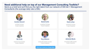 Need additional help on top of our Management Consulting Toolkits?
Send us a brief and we’ll find you the right talent from our network of 500 tier-1 Management
Consultants (the average daily rate is $3k)
Click here to send us a Project Brief
 