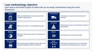 Lean methodology objective
Lean tries to eliminate 8 types of waste that can be easily remembered using the word
“Downtime"
8
Defects
Defects
Making mistakes that cause products to fail
customer requirements
Defects
Transportation
Unnecessary movements of products and
materials
Defects
Overproduction
Making more than it is immediately required
Defects
Inventory
Storing parts, pieces, documentation ahead of
requirements
Defects
Waiting
Waiting for the previous step in the process to
complete
Defects
Motion
Unnecessary movements by people
Defects
Non-utilized
talent
Not recognizing and utilizing human talent and
creativity available within the workforce
Defects
Extra-
processing
Performing any activity that is not necessary
to produce a functioning product or service
 