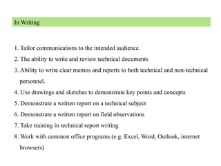 In Writing
1. Tailor communications to the intended audience.
2. The ability to write and review technical documents
3. Ability to write clear memos and reports to both technical and non-technical
personnel.
4. Use drawings and sketches to demonstrate key points and concepts
5. Demonstrate a written report on a technical subject
6. Demonstrate a written report on field observations
7. Take training in technical report writing
8. Work with common office programs (e.g. Excel, Word, Outlook, internet
browsers)
 
