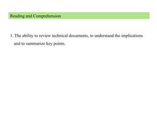 Reading and Comprehension
1. The ability to review technical documents, to understand the implications
and to summarize key points.
 