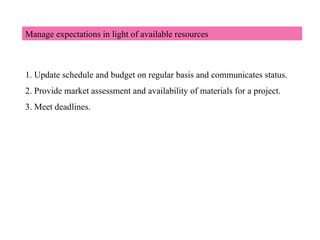 Manage expectations in light of available resources
1. Update schedule and budget on regular basis and communicates status.
2. Provide market assessment and availability of materials for a project.
3. Meet deadlines.
 