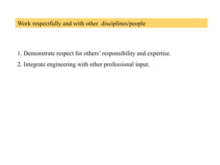 Work respectfully and with other disciplines/people
1. Demonstrate respect for others’ responsibility and expertise.
2. Integrate engineering with other professional input.
 
