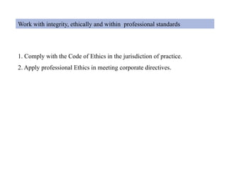Work with integrity, ethically and within professional standards
1. Comply with the Code of Ethics in the jurisdiction of practice.
2. Apply professional Ethics in meeting corporate directives.
 