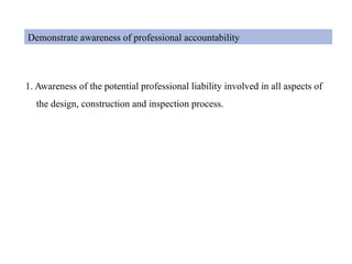 Demonstrate awareness of professional accountability
1. Awareness of the potential professional liability involved in all aspects of
the design, construction and inspection process.
 