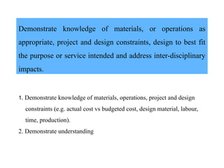 Demonstrate knowledge of materials, or operations as
appropriate, project and design constraints, design to best fit
the purpose or service intended and address inter-disciplinary
impacts.
1. Demonstrate knowledge of materials, operations, project and design
constraints (e.g. actual cost vs budgeted cost, design material, labour,
time, production).
2. Demonstrate understanding
 