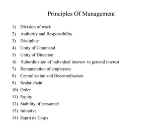 Principles Of Management
1) Division of work
2) Authority and Responsibility
3) Discipline
4) Unity of Command
5) Unity of Direction
6) Subordination of individual interest to general interest
7) Remuneration of employees
8) Centralisation and Decentralisation
9) Scalar chain
10) Order
11) Equity
12) Stability of personnel
13) Initiative
14) Esprit de Corps
 