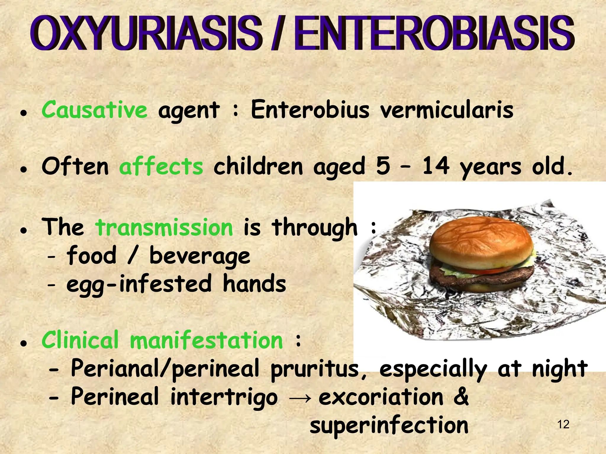 12
● Causative agent : Enterobius vermicularis
● Often affects children aged 5 – 14 years old.
● The transmission is through :
- food / beverage
- egg-infested hands
● Clinical manifestation :
- Perianal/perineal pruritus, especially at night
- Perineal intertrigo → excoriation &
superinfection
 