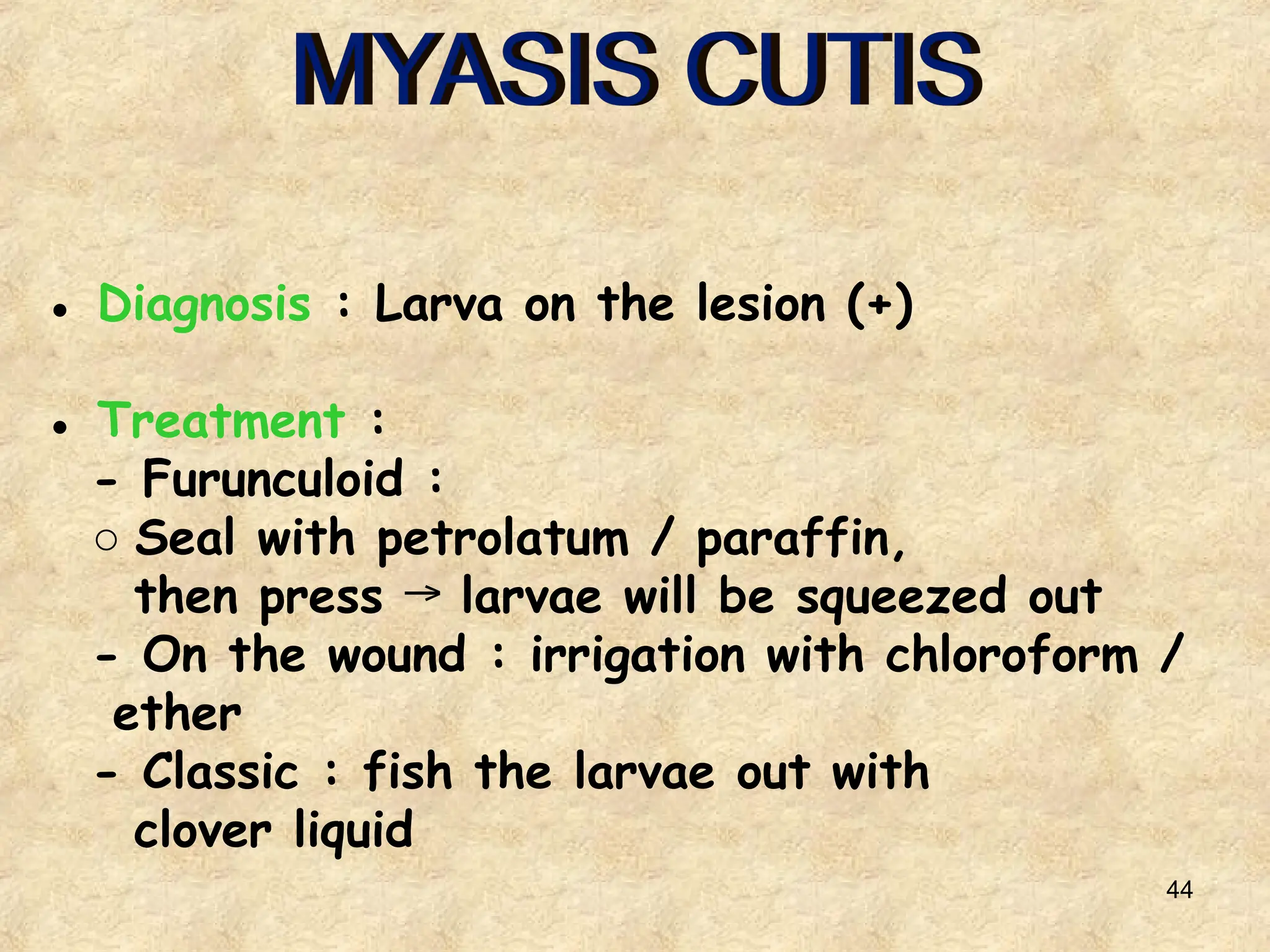 44
● Diagnosis : Larva on the lesion (+)
● Treatment :
- Furunculoid :
○ Seal with petrolatum / paraffin,
then press larvae will be squeezed out
→
- On the wound : irrigation with chloroform /
ether
- Classic : fish the larvae out with
clover liquid
 